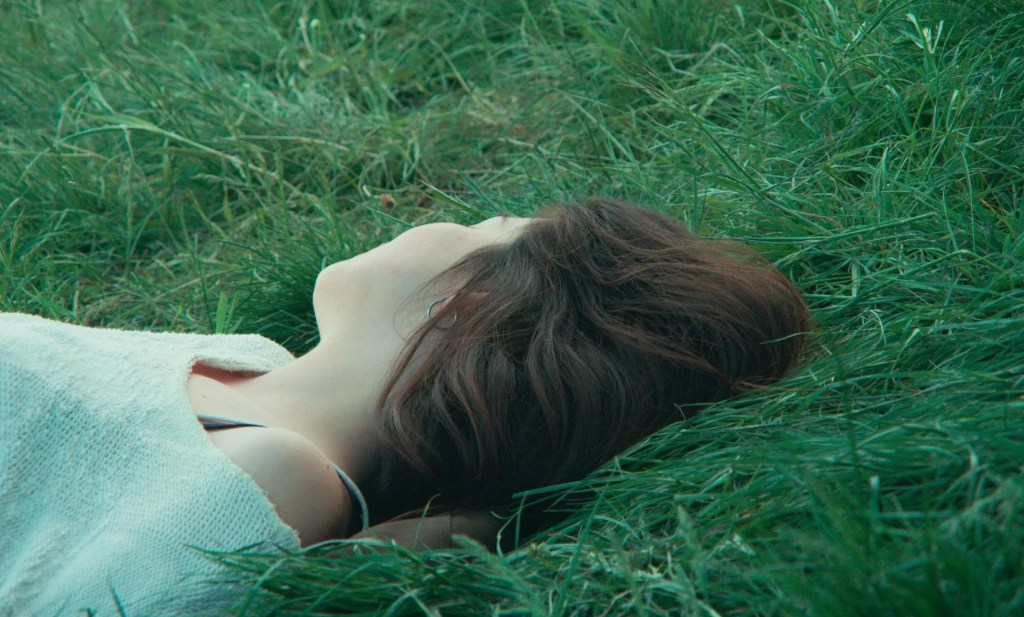 Une personne allongée dans l'herbe, avec les cheveux relevés, regardant vers le ciel.